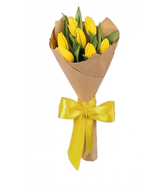 Kraft Kağıda Sarılı Sarı Kurdeleli Sarı Lale Buketi (7'li - ~40 cm)